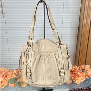 B MAKOWSKY Tumbled Cream Ivory Glove Leather Lg Satchel Shoulder Bag Purse